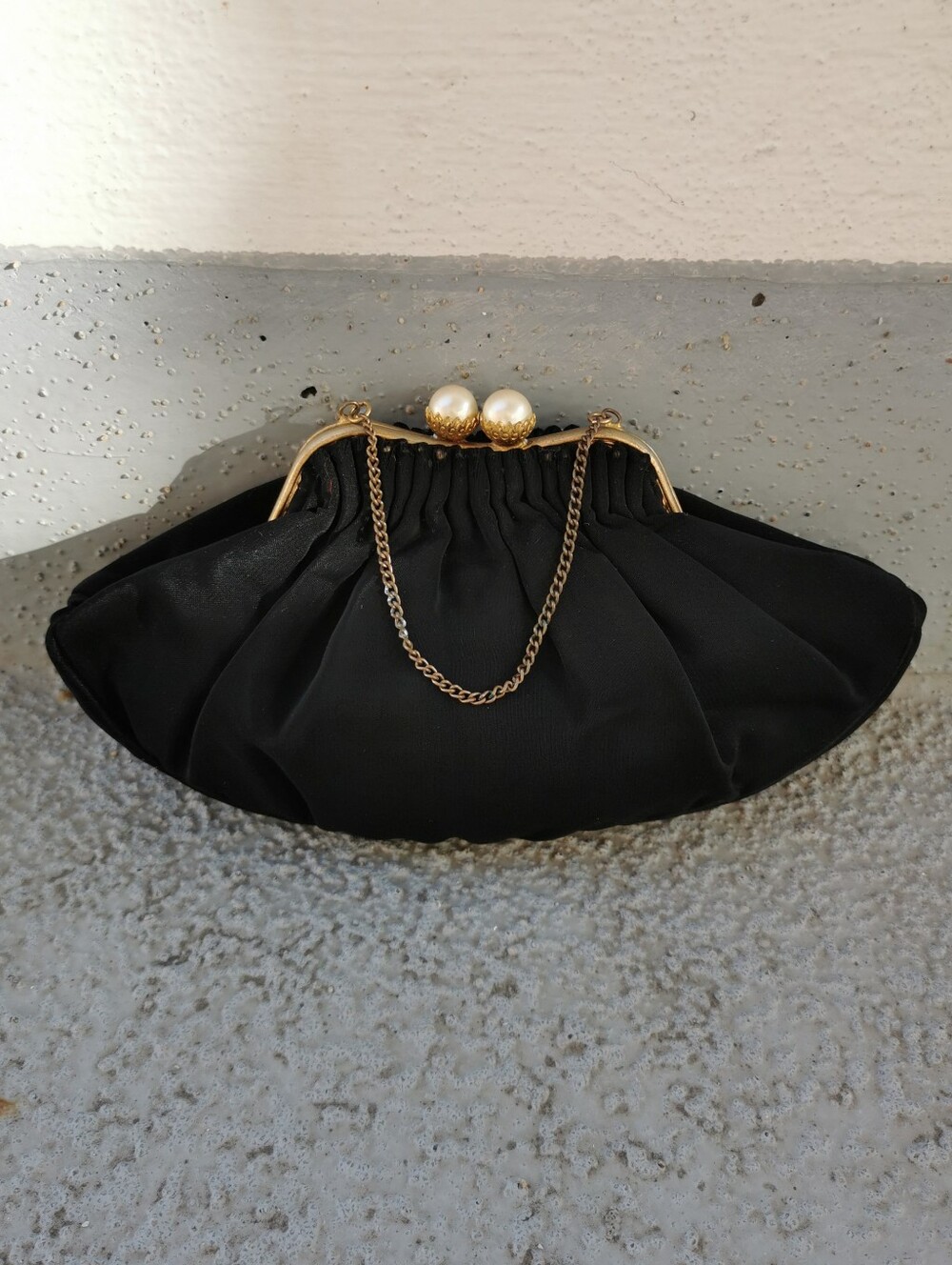 Vintage 50s Garwood Black Satin Evening Bag Faux Pearl Clasp Made in Canada